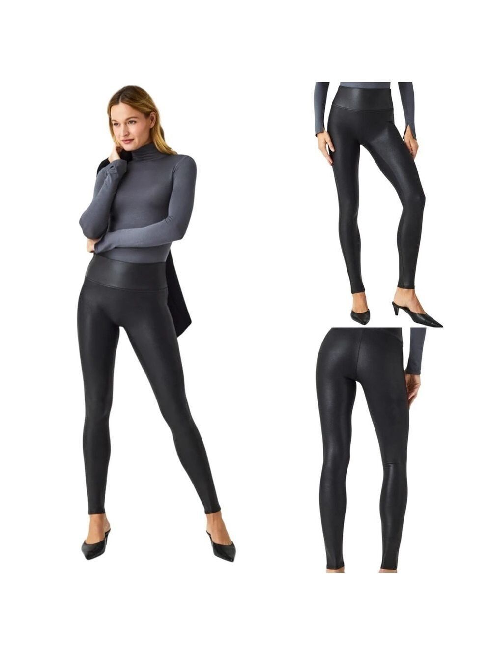 Spanx Womens Black Faux Leather Leggings Size Medium Figure Flattering Stretch